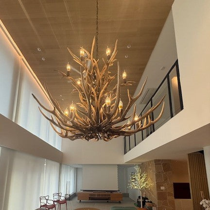 16灯式一体型2段鹿角シャンデリア　ナチュラル